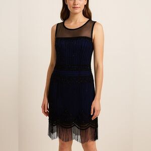 Aidan Mattox Navy and Black Beaded Fringe Mini Dress with Sheer Yoke
